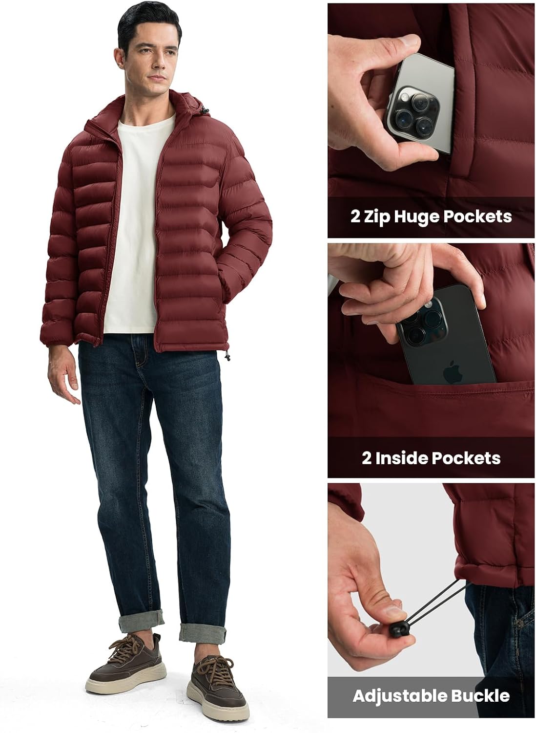 Detalle 1 de TBMPOY Men's Lightweight Puffer Jacket with Detachable Hood, Water-Resistant Shell