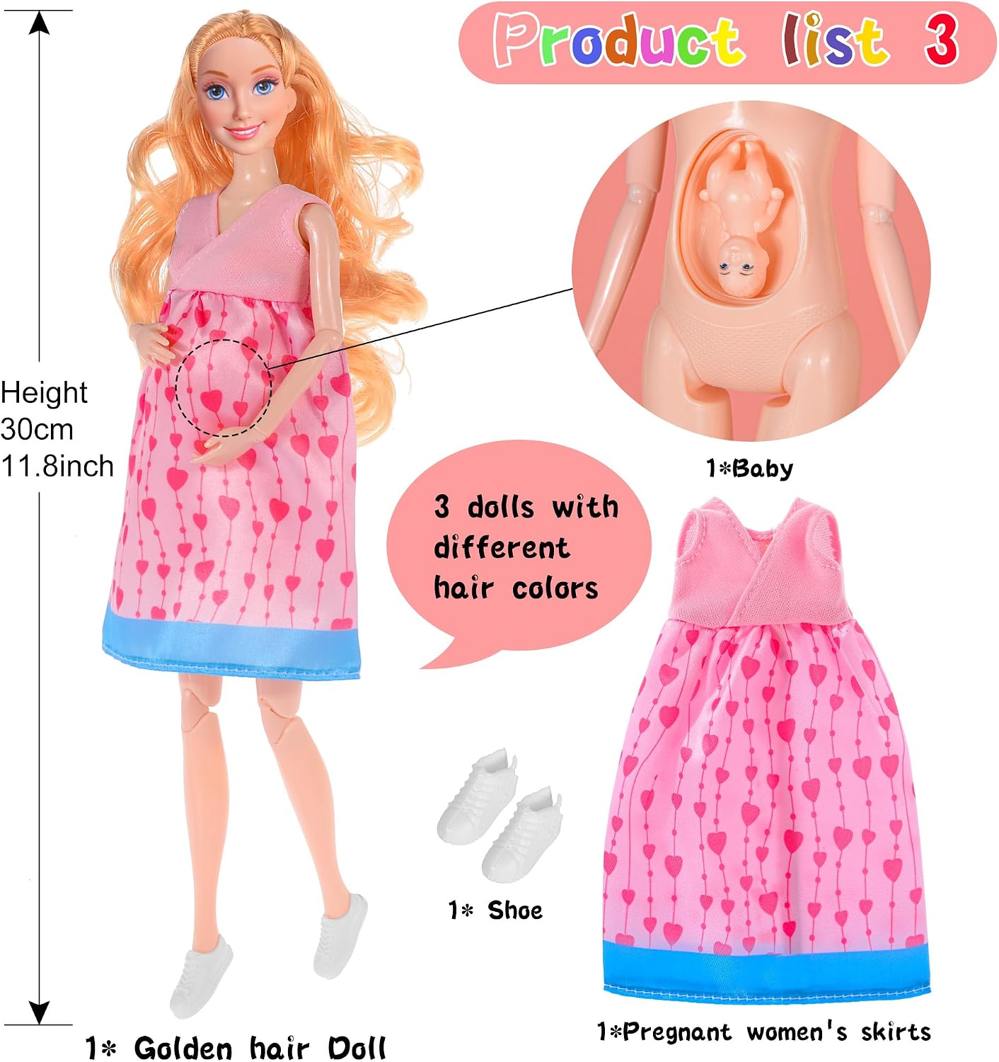 Detalle de dollbie 3体セット 妊婦ドール 約29.2cm お腹を交換可能、赤ちゃん・ドレス付き
