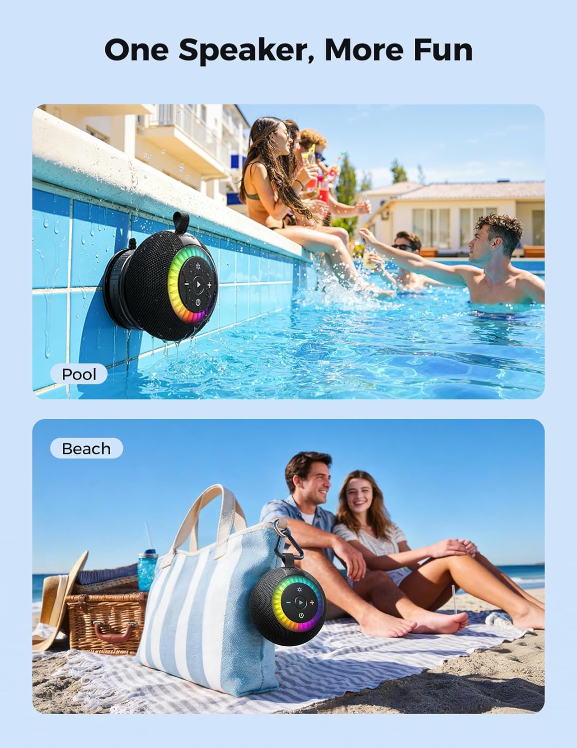 Detalle 2 de dbsono Shower Speaker Bluetooth Waterproof, 360° Surround Sound (IPX7) with Suction Cup, RGB Lights, BT 5.4, TWS