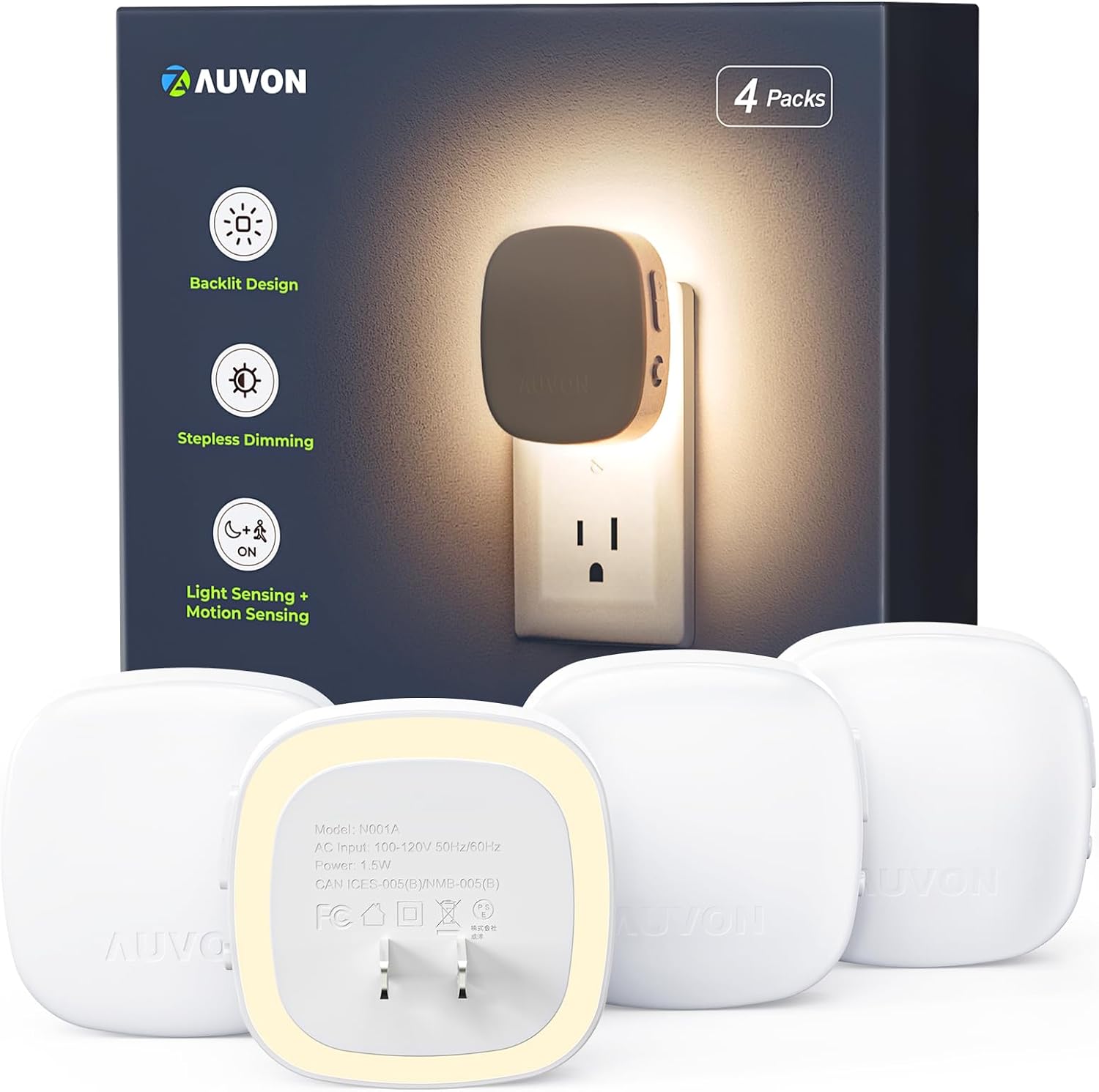 Detalle de AUVON N001A Plug-In LED Backlit Night Lights, 4-Pack, Dimmable with Dual Sensors
