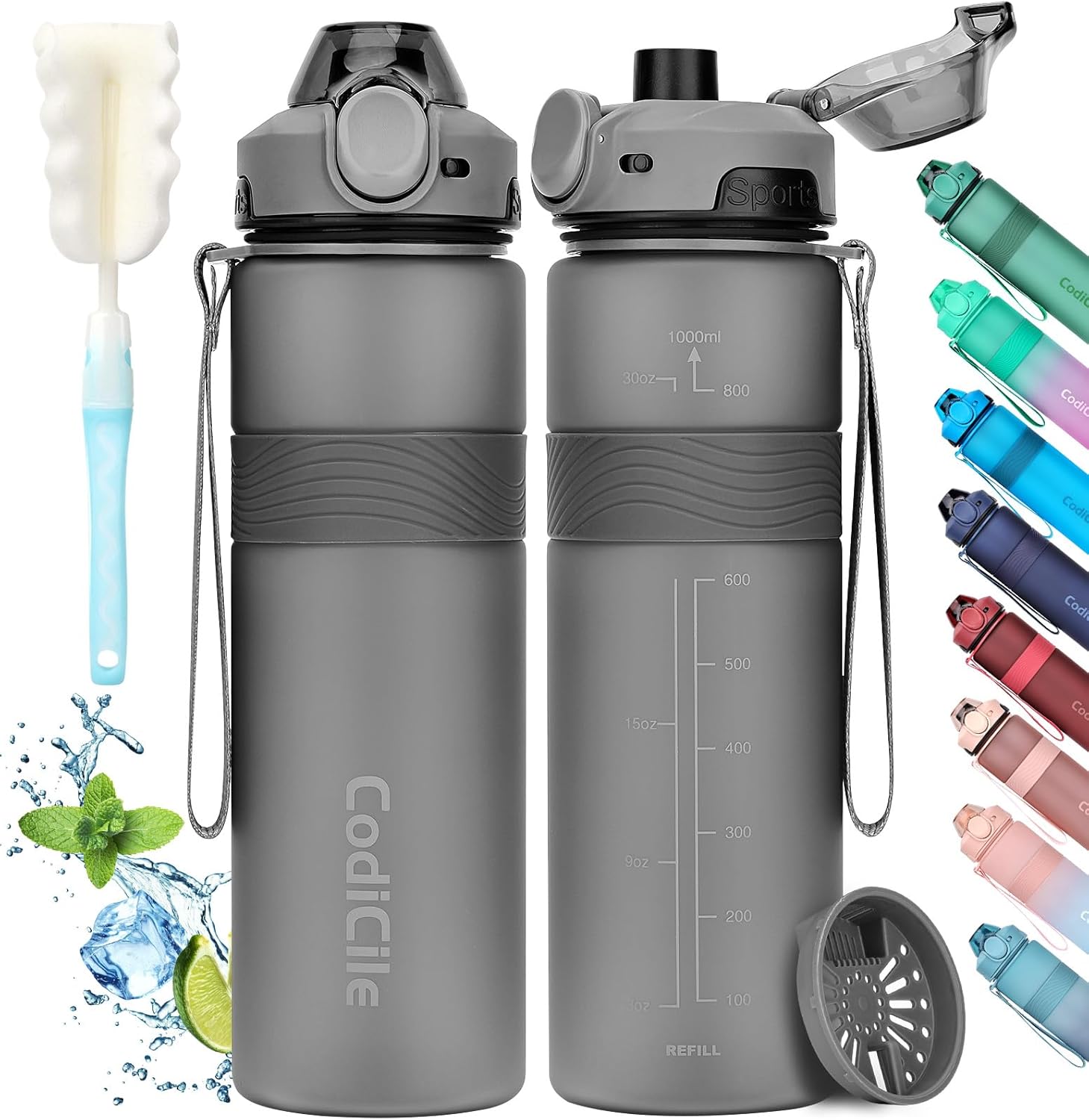 Detalle de CodiCile Water Bottle 1L – BPA Free Leak-Proof Sports Bottle (Dark Gray)
