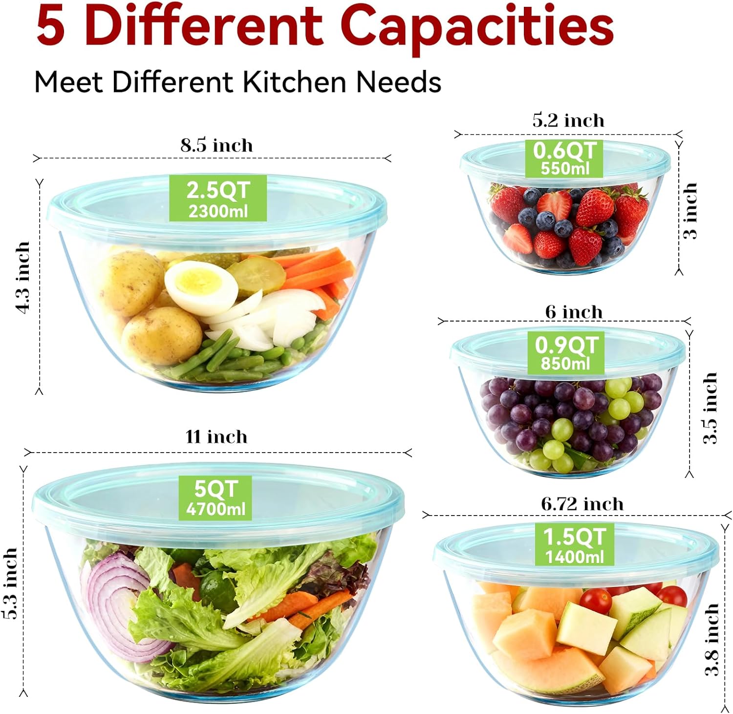Detalle 2 de YUANYE 5 Pack Glass Mixing Bowls with Lids Set (5/2.5/1.5/0.9/0.6QT) with Nesting Design