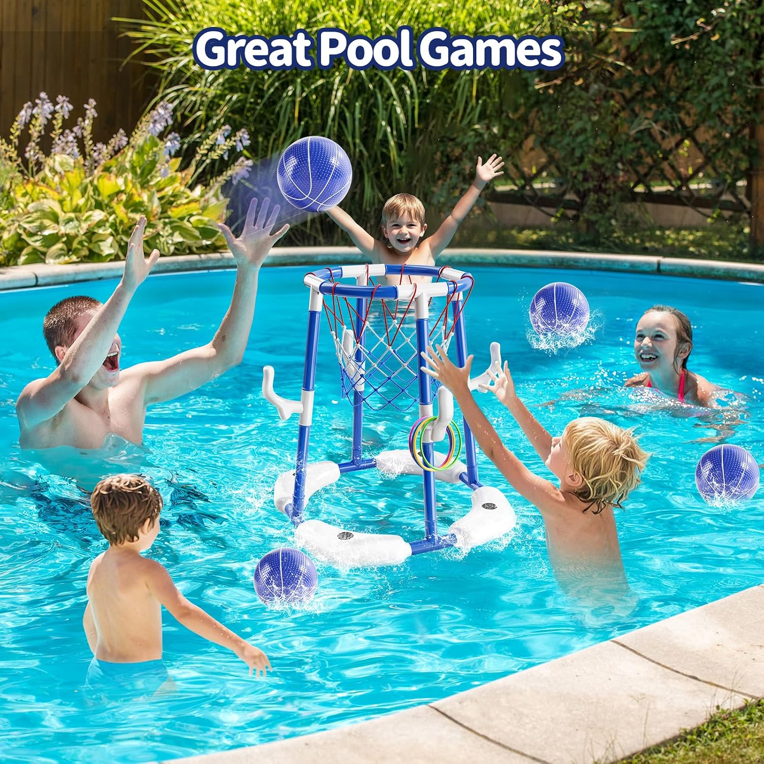 Detalle de Sitodier Pool Basketball Hoop for Kids – 2-in-1 Floating Ring Game with 4 Balls and Pump