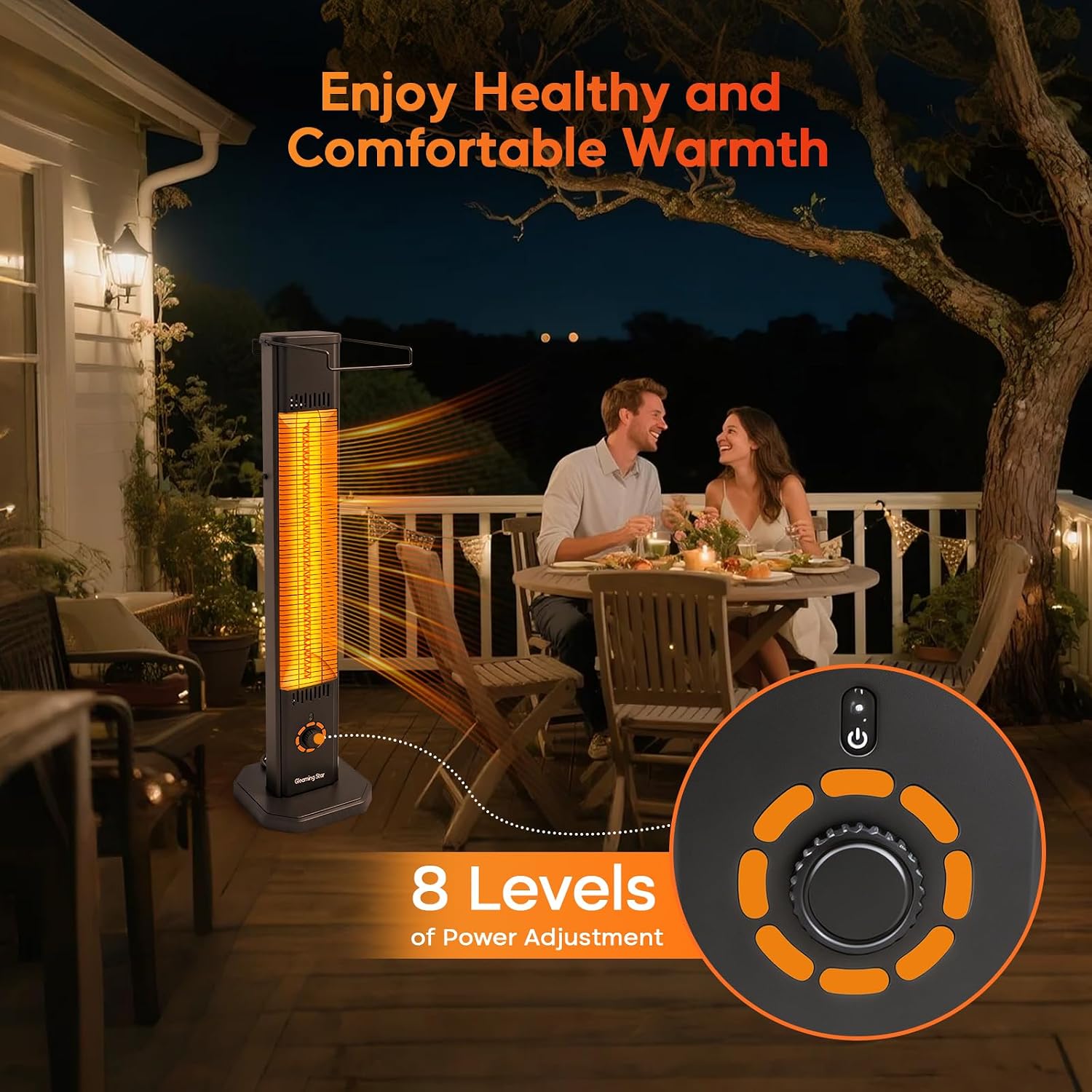 Detalle de Gleaming star T20-GR15 Electric Patio Heater, 1,500 W, IPX5, 8 Settings