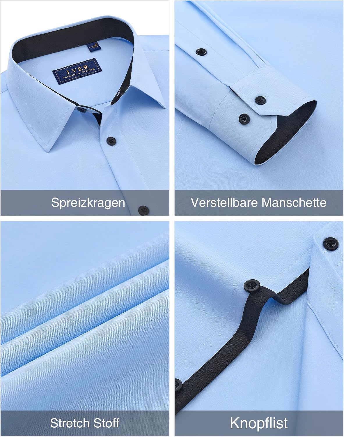 Detalle de J.VER Herren Hemd Langarm Stretch Regular Fit – Bügelleichtes Businesshemd für Hochzeit & Büro