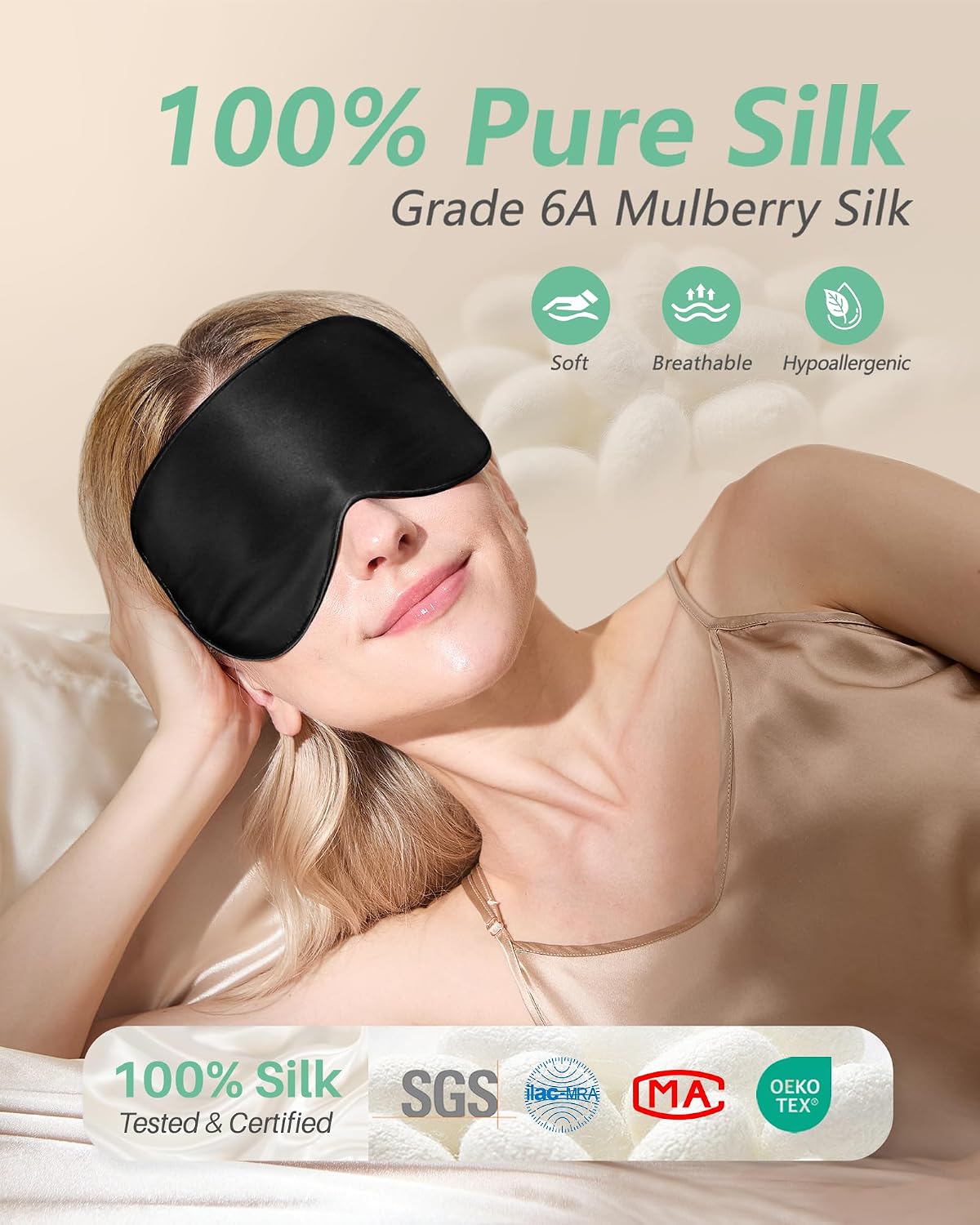 Detalle de BeeVines Seiden-Schlafmaske 2er-Pack – 100% Maulbeerseide, verstellbarer Gurt