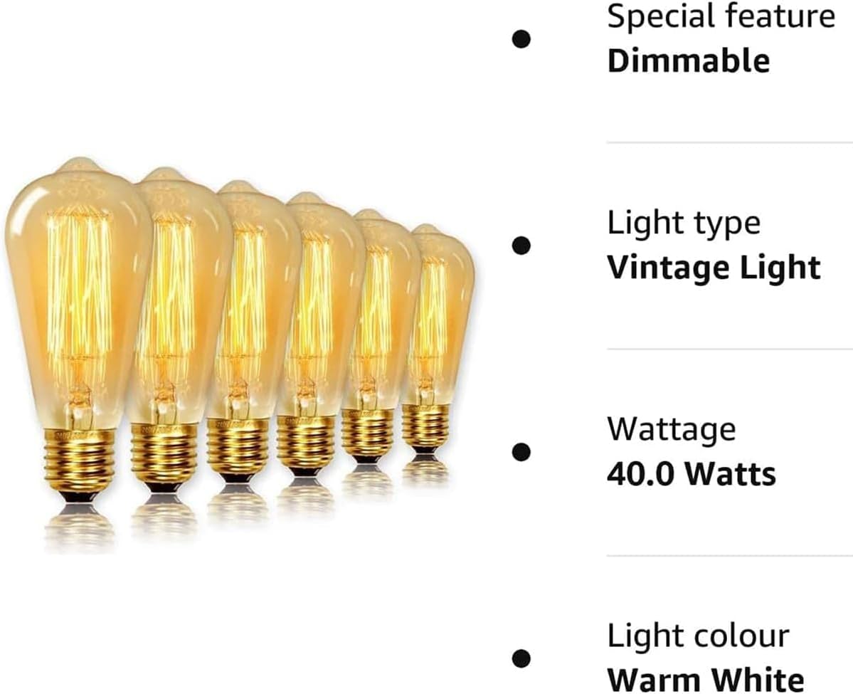 Thumbnail 6 de Levidon ST64 Vintage Light Bulbs (E27 Edison Screw) – 60W 2200K Warm White, Dimmable, Pack of 6
