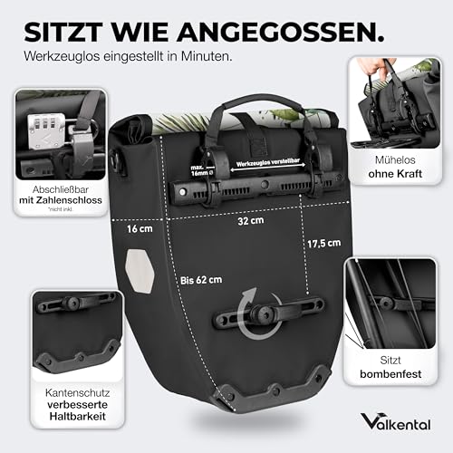 Detalle de Valkental Gepäckträgertasche: Wasserdicht, abschließbar und mit Reflektoren für sicheren Alltagstransport