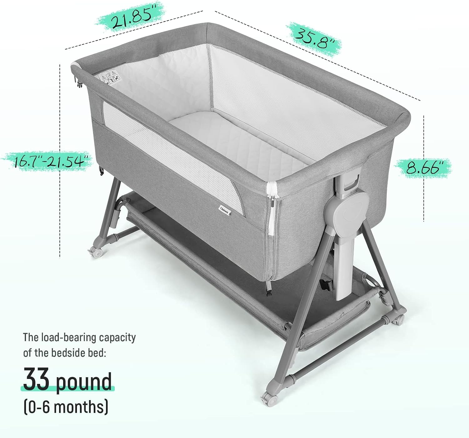 Detalle de Cowiewie P-800L Bedside Bassinet with 7 Height Settings, Mesh Sides and Storage