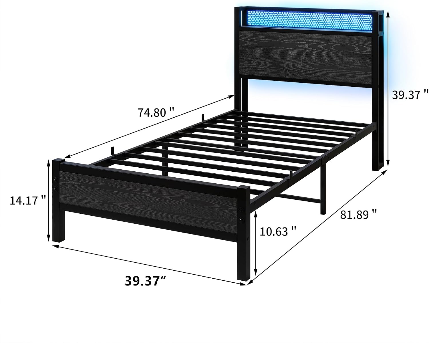 Detalle de Diolong 1012E Twin Bed Frame with RGB LED Lights and USB Charging Station
