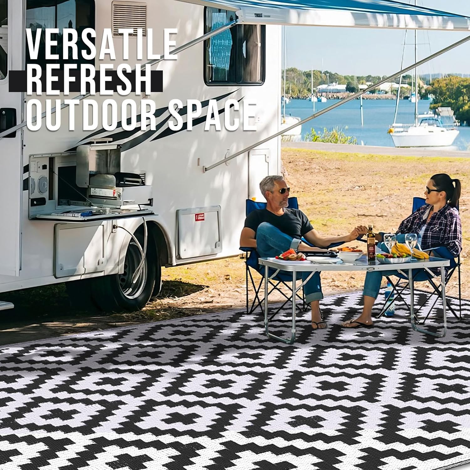 Thumbnail 6 de Homaxy Waterproof Outdoor Rug (120 x 180 cm) – anti-slip reversible plastic straw garden rug, black & white