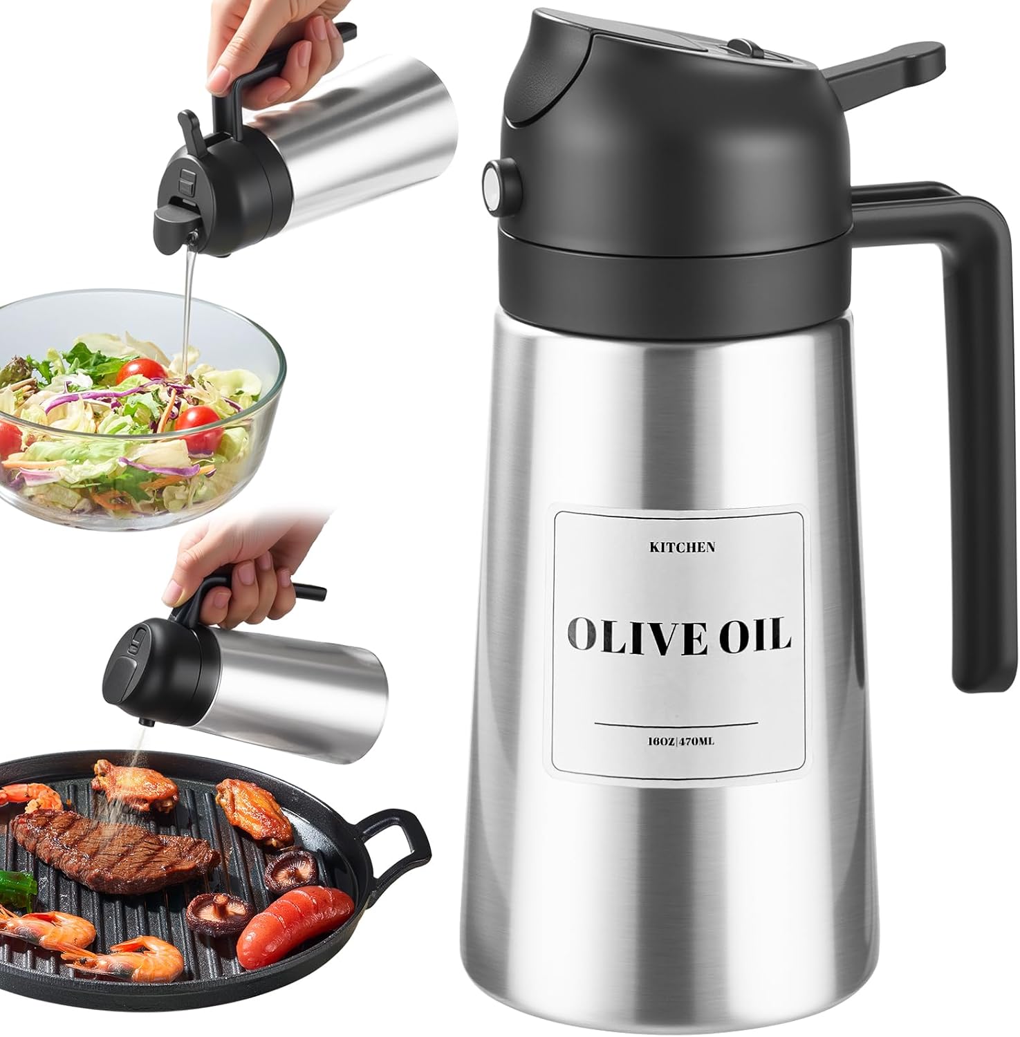 Detalle de PARACITY 2-in-1 Oil Dispenser Bottle: Stainless Steel Shell, Ceramic Interior, Olive Oil Sprayer & Pourer (Black)