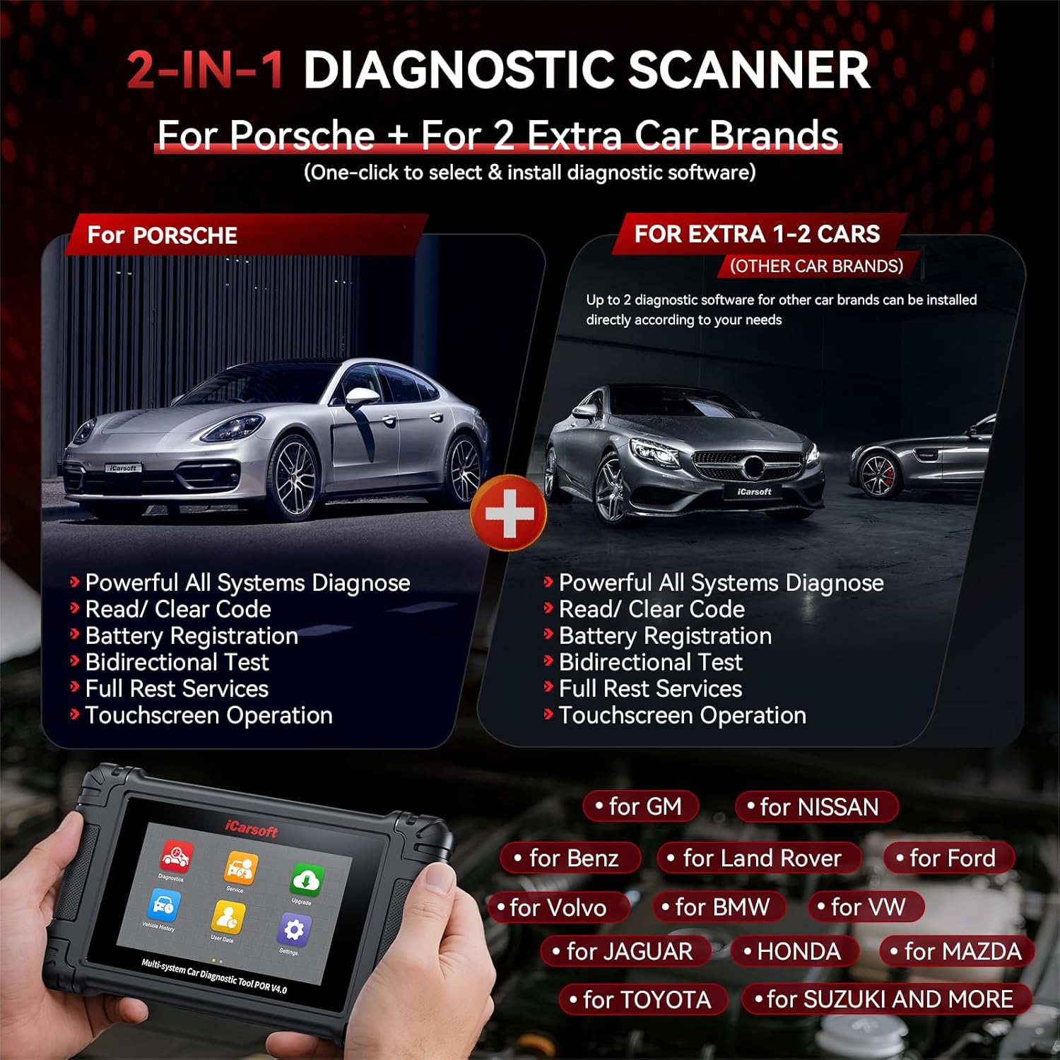 Thumbnail 2 de iCarsoft POR V4.0 Bidirectional Diagnostic Tool for Porsche + 2 Optional Brand Packs (Full System OBD2 Scanner)