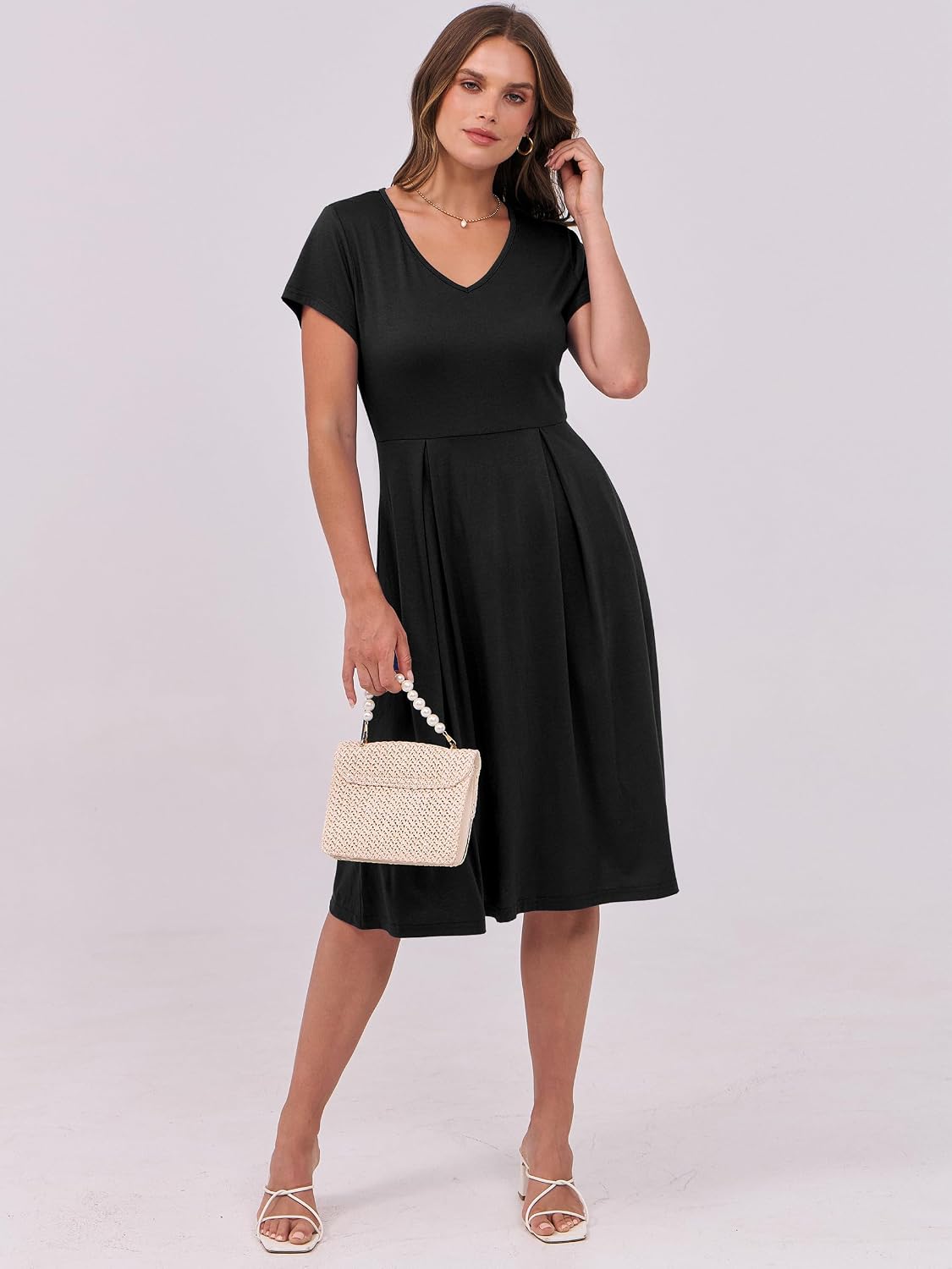 Detalle de ANRABESS Women Summer Dress: V-Neck Midi with Pockets, Pleated A-Line Comfort