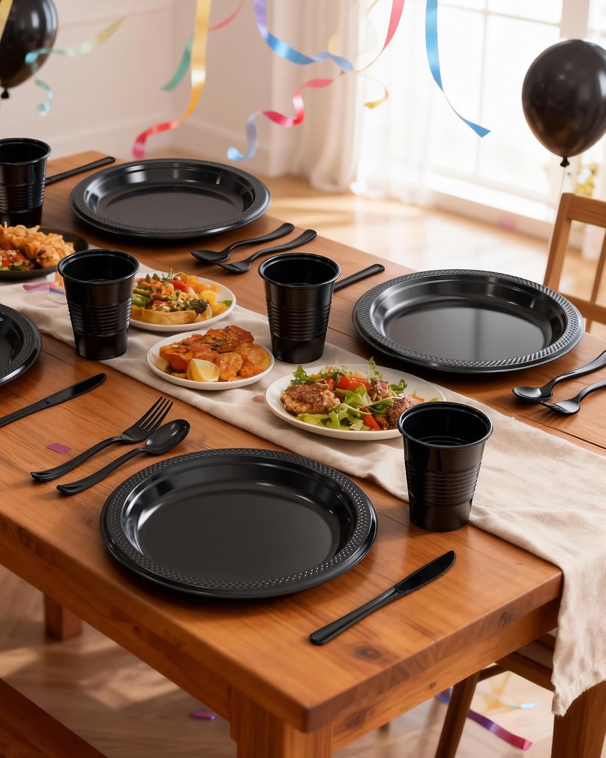 Thumbnail 5 de Pureegg Black Plastic Plates Set — 350 Pcs for Up to 50 Guests (Napkins, Utensils, Cups Included)