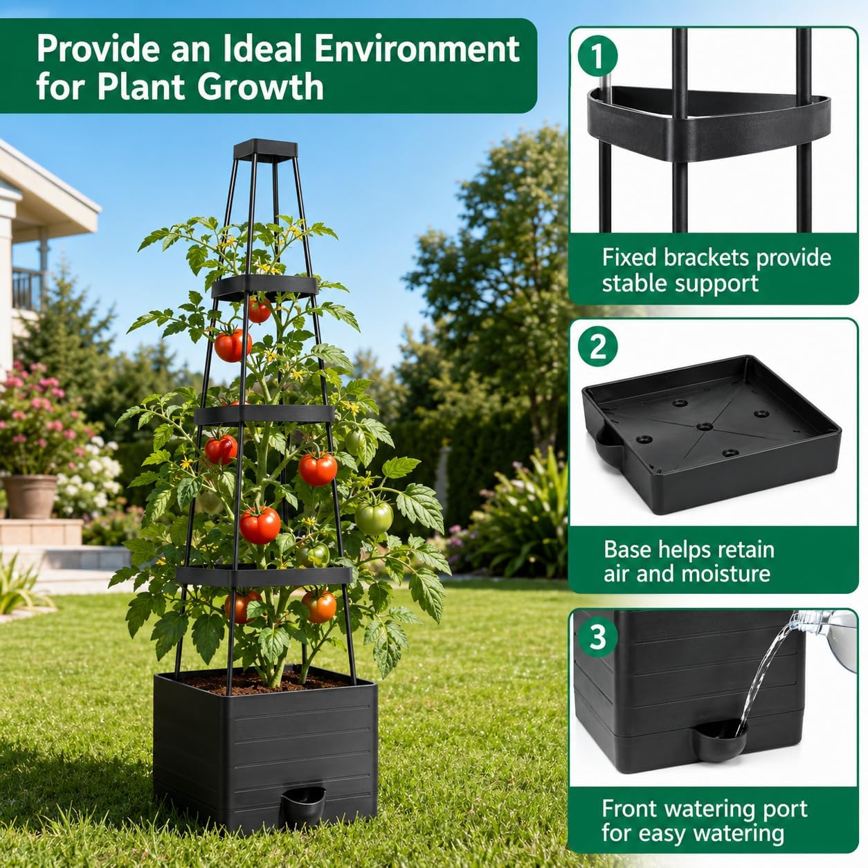 Detalle de JQTOP Jardinière Surélevée avec Treillis 145 cm – Pot Auto-Arrosant pour Plantes Grimpantes et Légumes