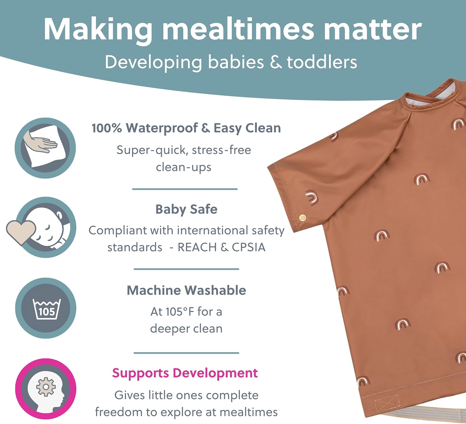 Detalle de BIBaDO Short Sleeve Baby Bibs for Babies & Toddlers (6–36 Months) – Coverall, Waterproof & Machine Washable