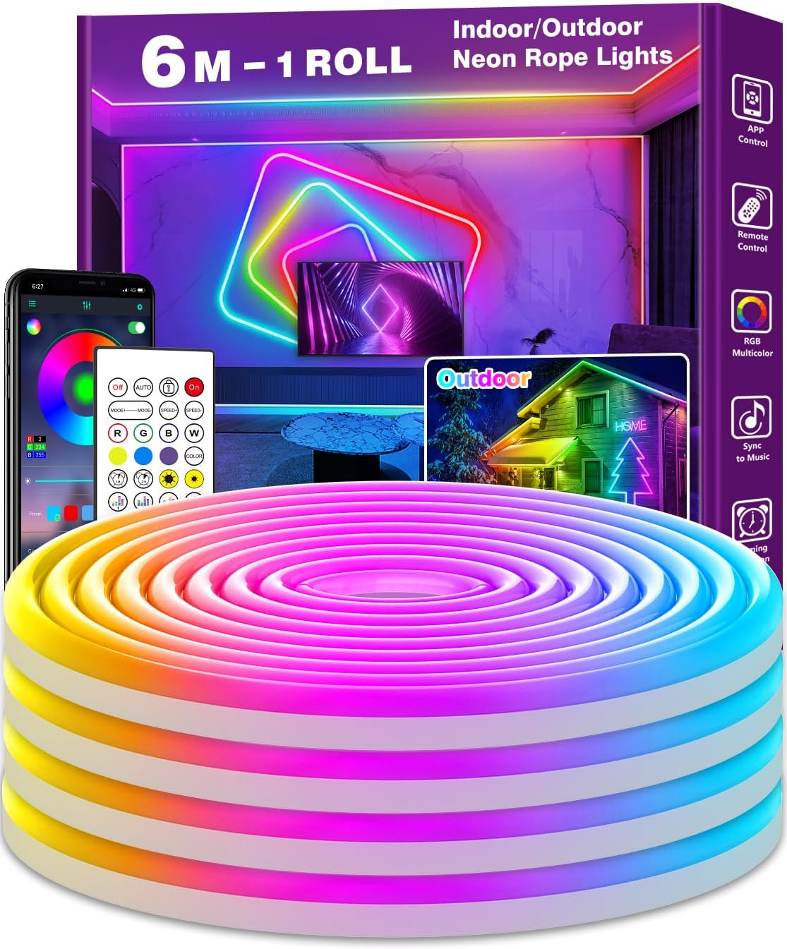 Detalle de LETIANPAI 6m Neon LED Strip – Flexible RGB Neon-Lichtleiste mit App & Fernbedienung, IP65 wasserdicht
