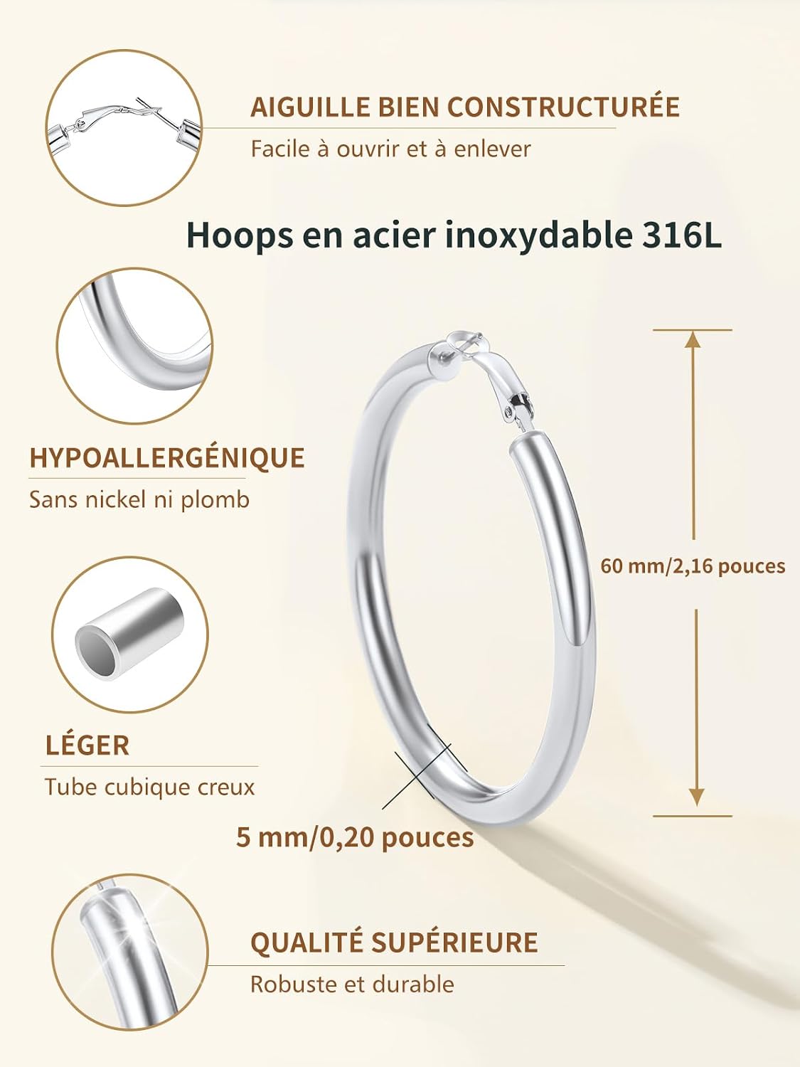 Thumbnail 2 de FindChic Créoles en acier inoxydable pour femme – boucles huggie argenté/doré/noir (20/30/40/60/80 mm)