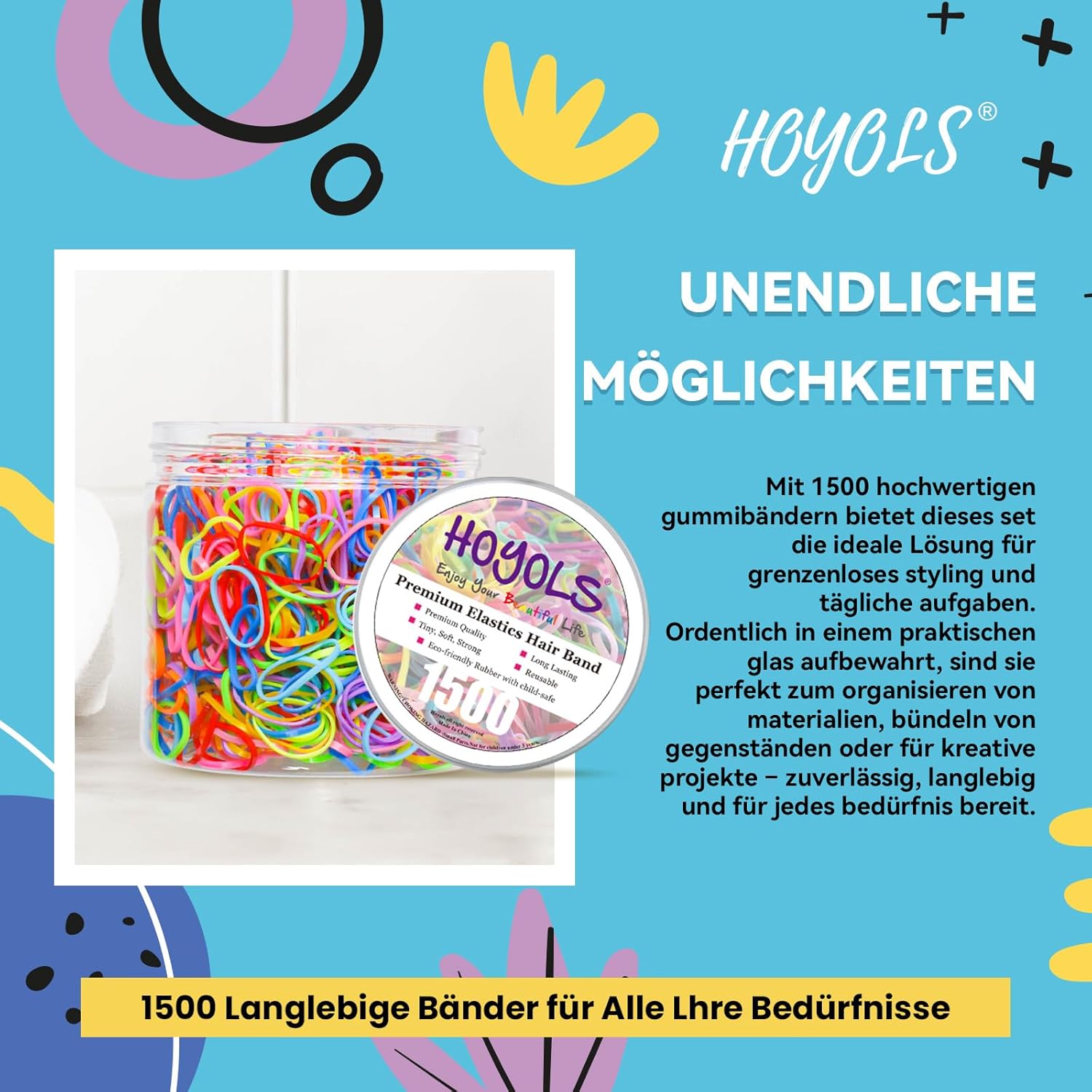 Detalle 2 de HOYOLS Elastische Haargummis – 1500 Stück Packung, farbenfroh, 30 mm x 2 mm, TPU