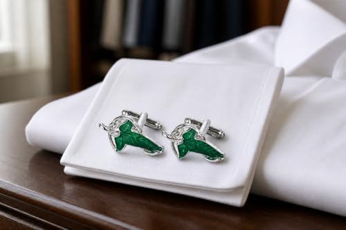 Detalle 2 de Gemelolandia Hoja de Lorien, gemelos de camisa plateados con esmalte verde
