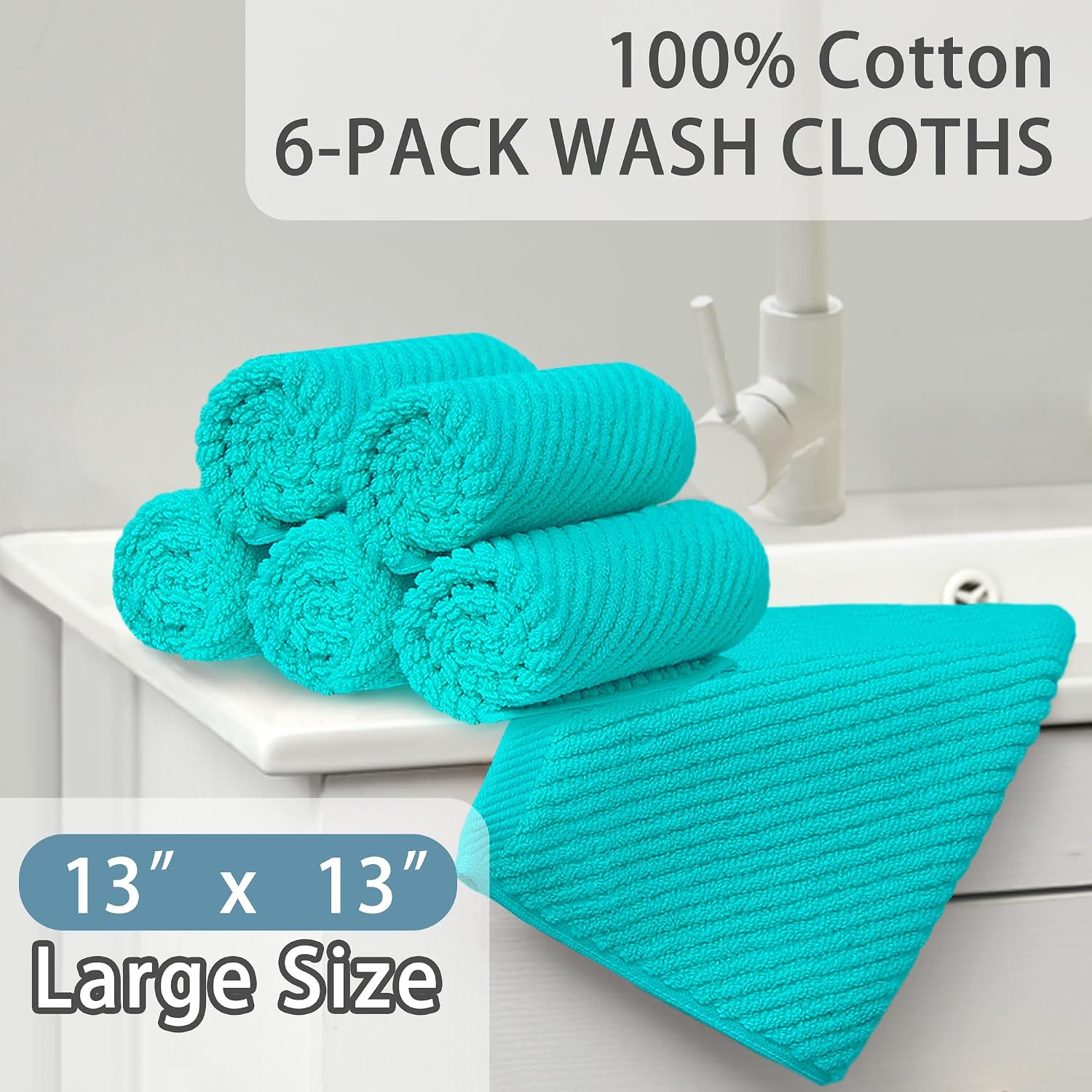 Detalle de Turquoise 100% Cotton Washcloths (Set of 6, 13"x13") — Soft, Absorbent, Quick-Dry