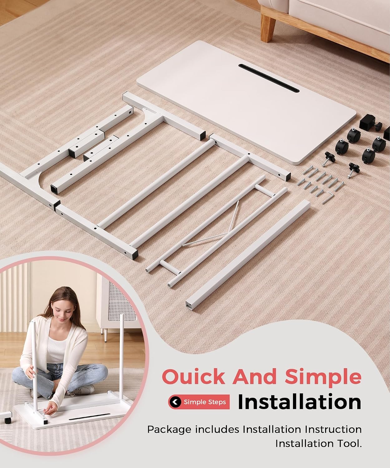 Detalle de KLSMYHOKI FX1 Mobile Standing Desk, Adjustable Height, Locking Casters, Soft White