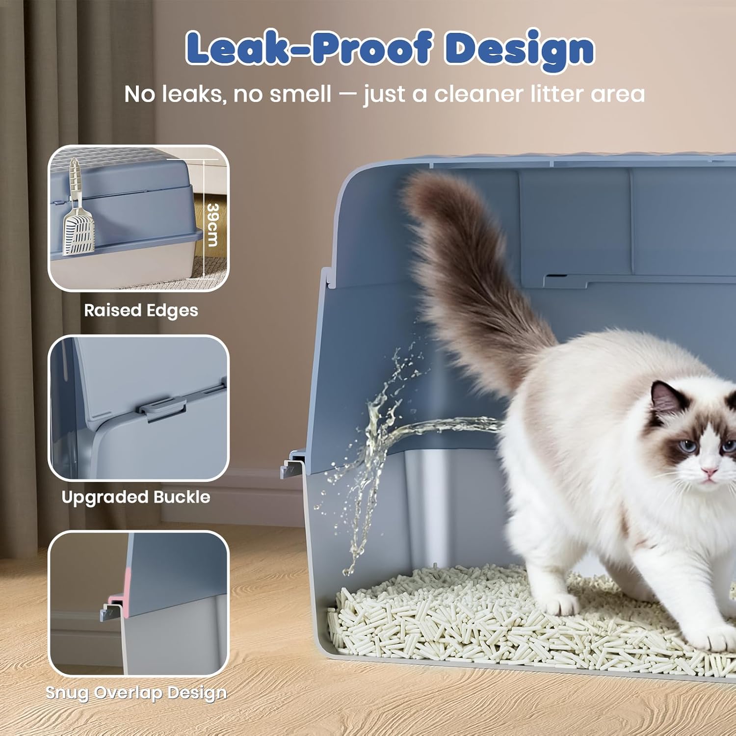 Thumbnail 6 de Jumbo Stainless Steel Cat Litter Tray XXL 3-in-1 Enclosed Box with 120° Flip Lid – Grey