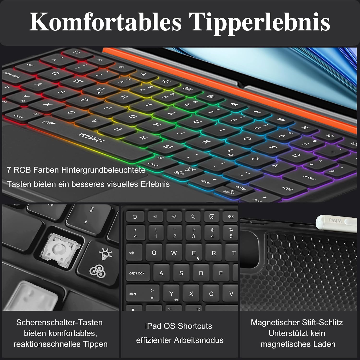 Detalle de WIWU Tastaturhülle 3-in-1 für iPad 11 Zoll – Air/M4/M2/M3 Pro 11" mit beleuchteter Tastatur, Touchpad und abnehmbarem Ständer