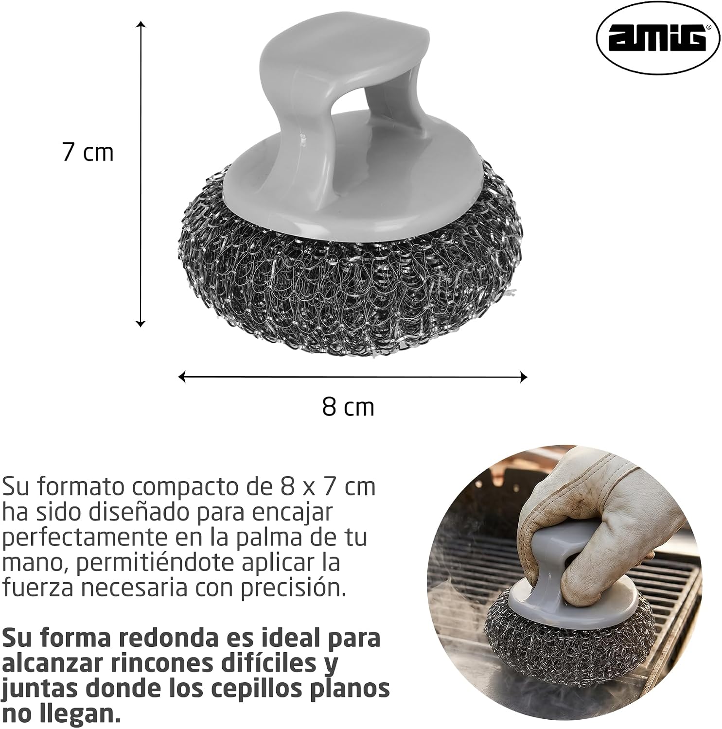 Detalle de Amig AM19 Spazzola per la pulizia della griglia rotonda – Acciaio inox 410, manico in PP