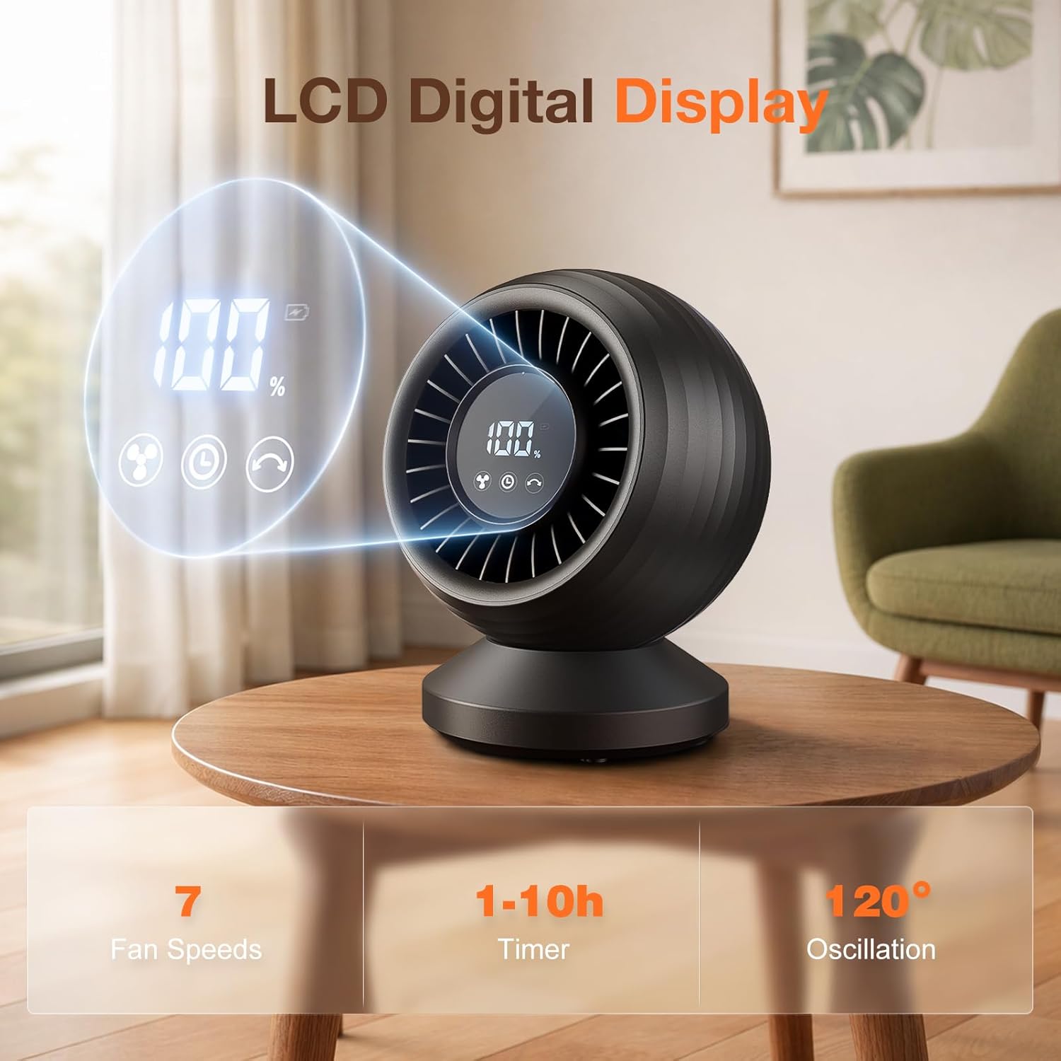 Detalle de Orvyna Ventilatore da Tavolo Silenzioso 22 dB – Circolatore 3D Turbo, 7 Velocità, Display Touch e Timer