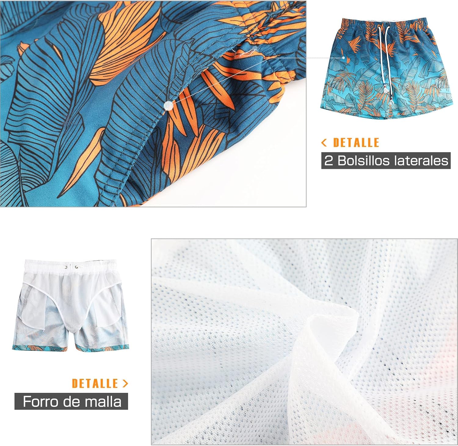 Detalle 2 de Danfiki Badehose Herren – Kurze Badeshorts mit Schnell-Trocknen, Meshfutter und verstellbarer Taille