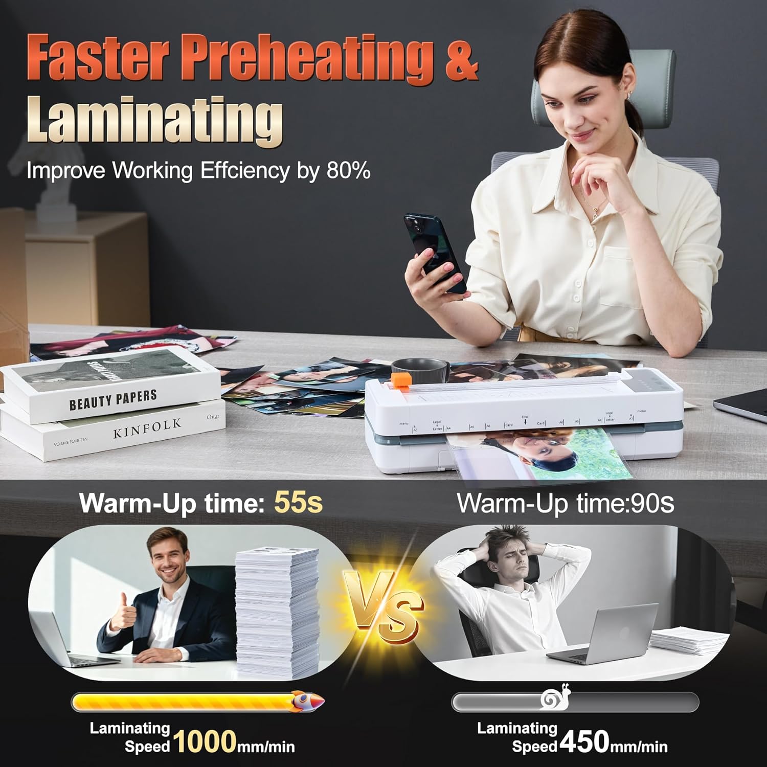 Detalle de 13" 4-Roller Commercial Laminator Machine — 3-10 Mil, 11x17/A3, 55s Warm-Up, 1000mm/min (White) with Starter Kit
