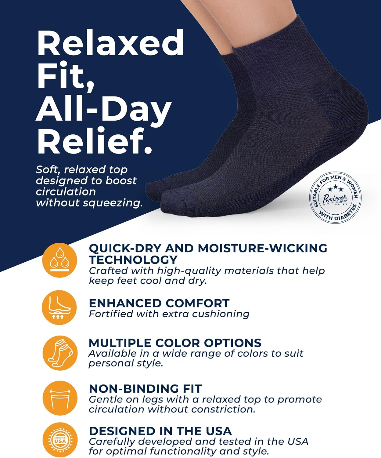 Detalle 2 de Pembrook Ankle Diabetic Socks, 6 Pairs, Wide Non-Binding Fit