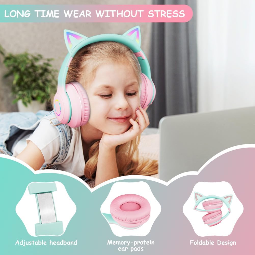 Detalle de AXFEE Bluetooth-Kinder-Kopfhörer mit Katzenohren – kabelgebunden oder Bluetooth, 105 dB Schutz, LED-Beleuchtung, faltbar