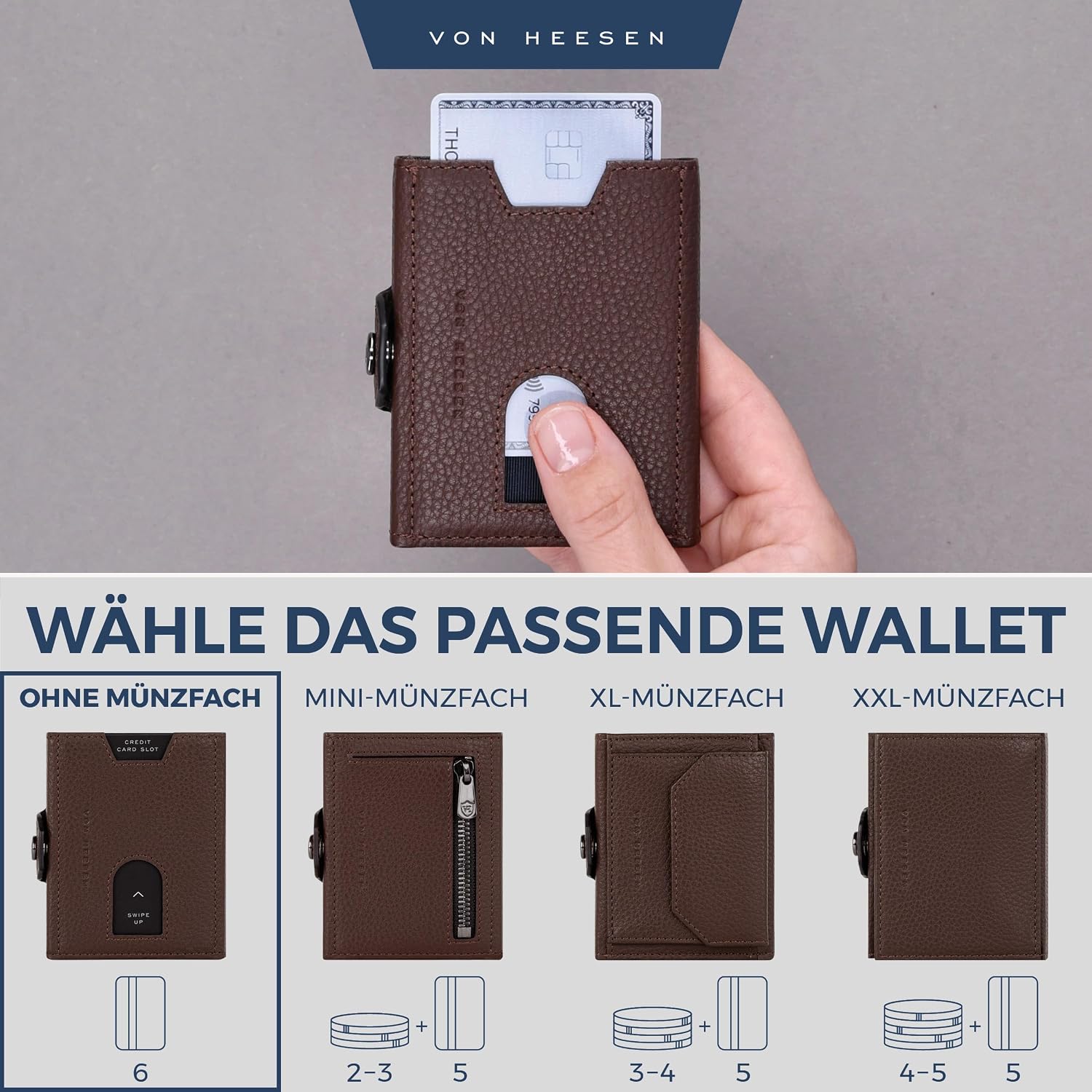 Thumbnail 5 de VON HEESEN Slim Wallet mit RFID-Schutz – Herren/Damen Mini-Geldbörse aus Nappaleder, braun