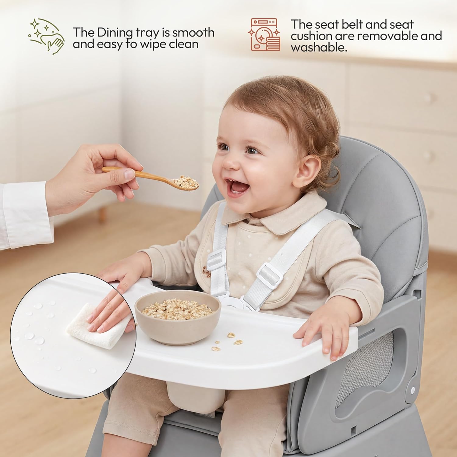 Detalle 1 de BABHAMNESS 5-in-1 Foldable Baby High Chair with Booster Seat and 5-Point Harness
