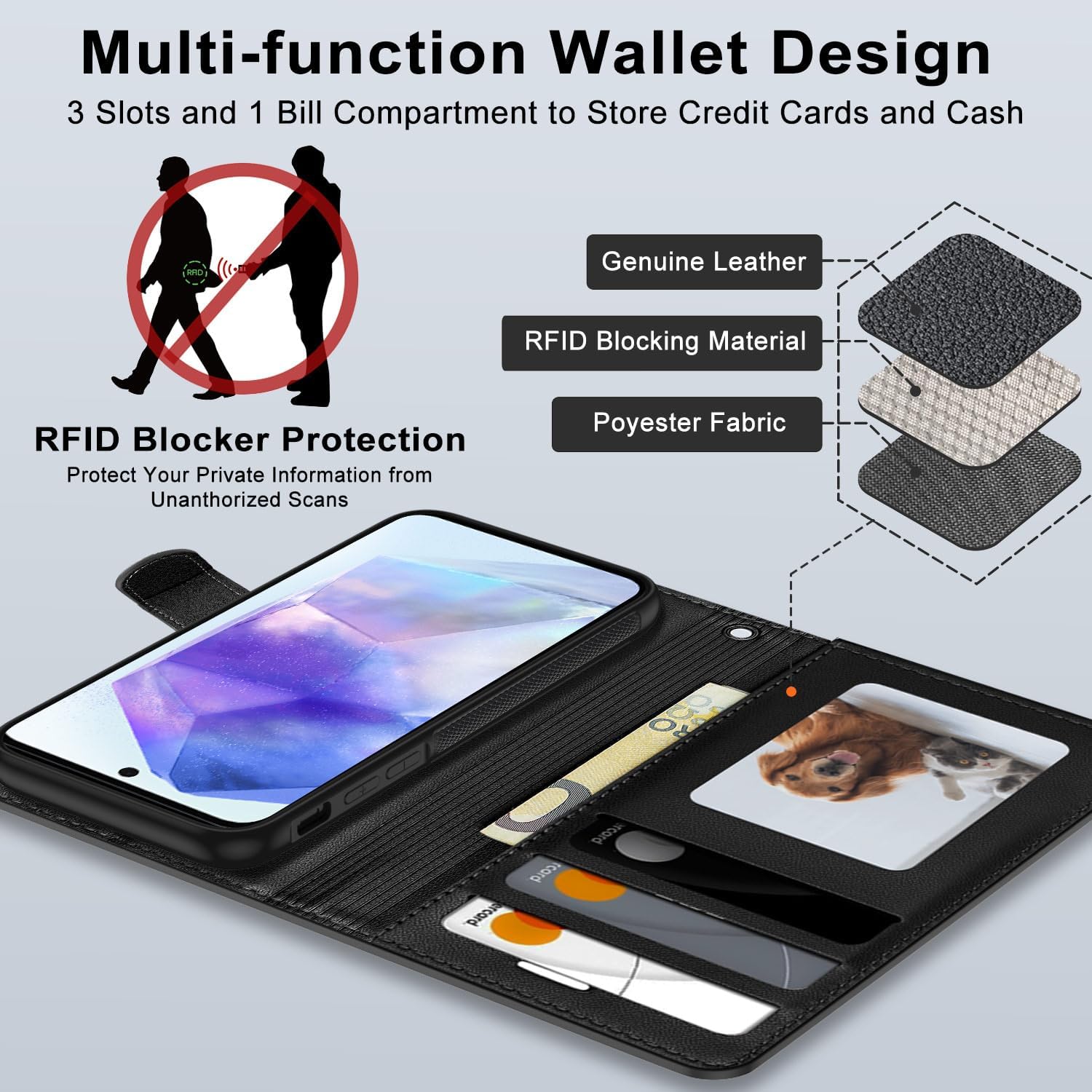 Thumbnail 3 de XTCASE Magnétique Coque 2 en 1 pour Samsung Galaxy A55 5G – Étui portefeuille en PU noir