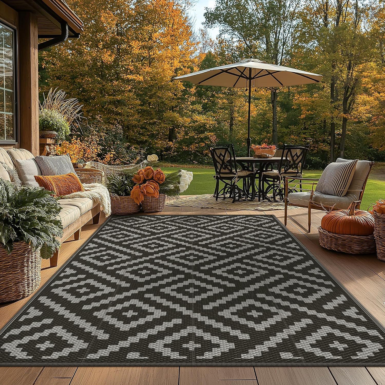 Thumbnail 6 de GENIMO Plastic Straw Rug Outdoor Area Rug, 9' x 12', Reversible Black and Gray