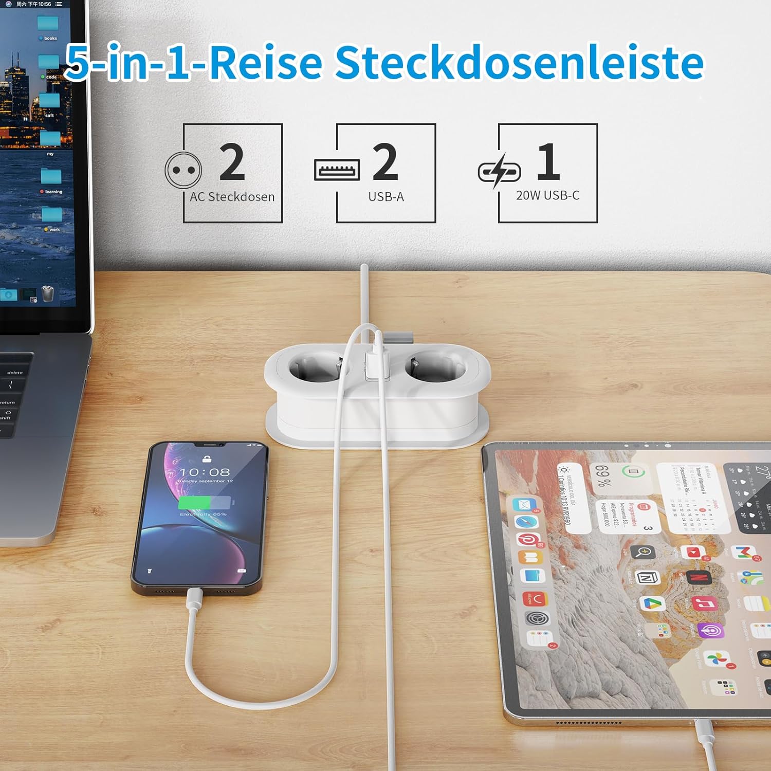 Thumbnail 2 de Reise-Steckdosenleiste STGAROT mit PD20W USB‑C Schnelllade, 5‑in‑1 Verteiler und 1,4 m Kabel