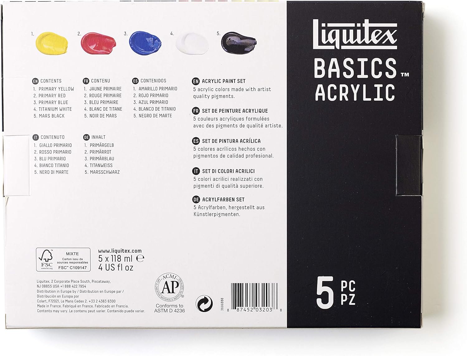 Thumbnail 1 de Liquitex Basics 5x118 ml – Pittura acrilica monopigmentata, finitura satinata, set di colori