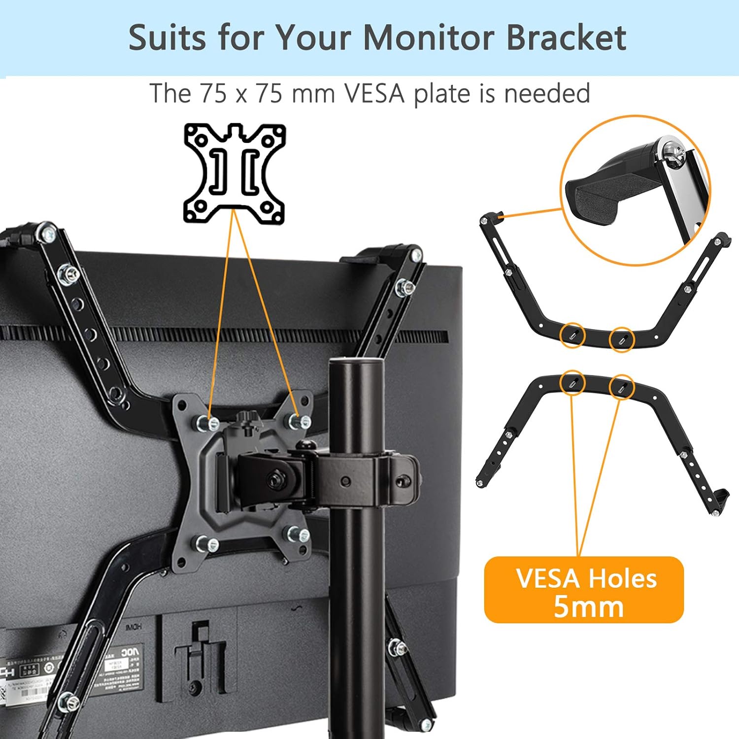 Detalle 2 de HUANUO Non-VESA Monitor Arm Mount Kit – Konvertierbarer 75 mm VESA Adapter für 17–27 Zoll Displays