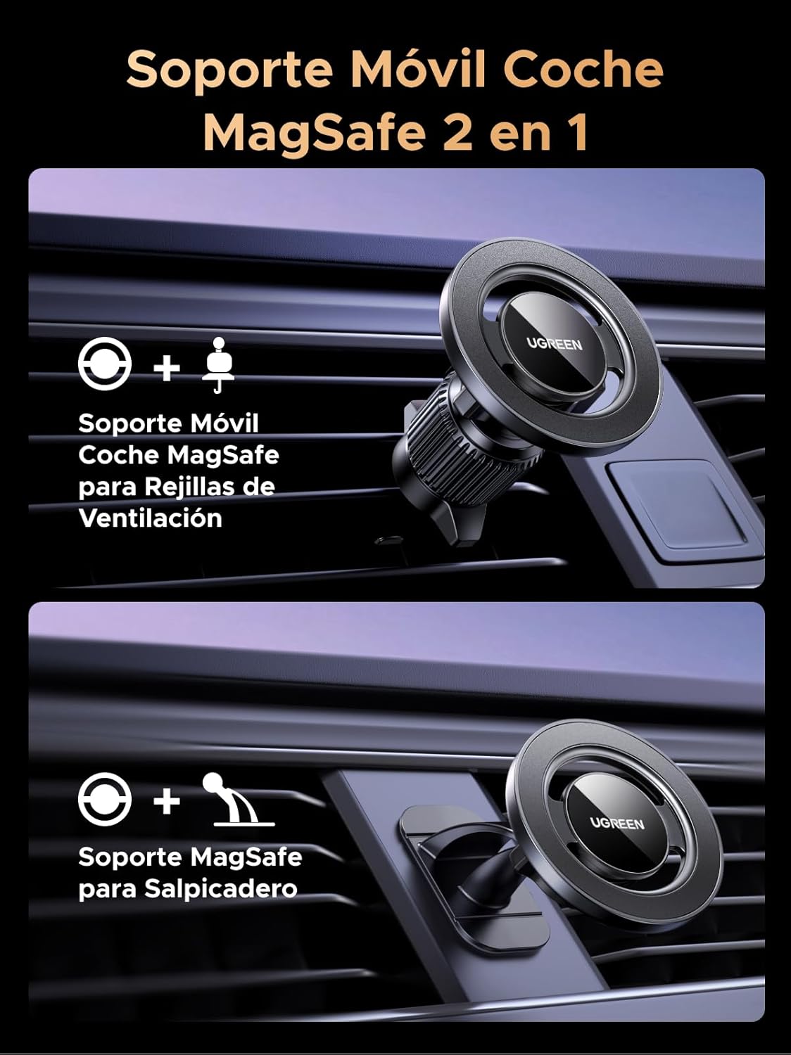Detalle 2 de UGREEN Soporte Móvil Coche MagSafe 2 en 1 Gancho y Base Adhesiva