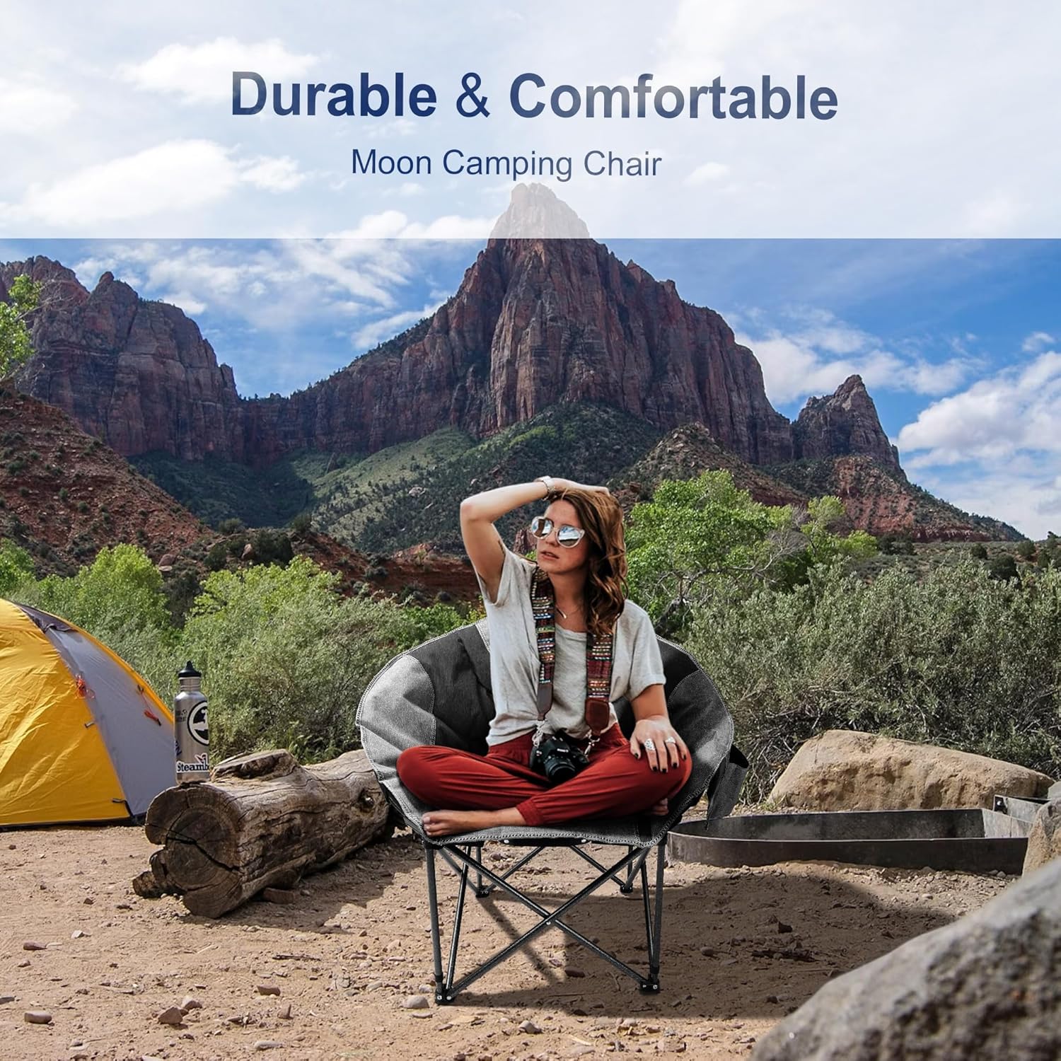 Thumbnail 5 de LANMOUNTAIN Moon Camping Chair – Portable Round Folding Chair with Cup Holder & Cooler Bag (Black)
