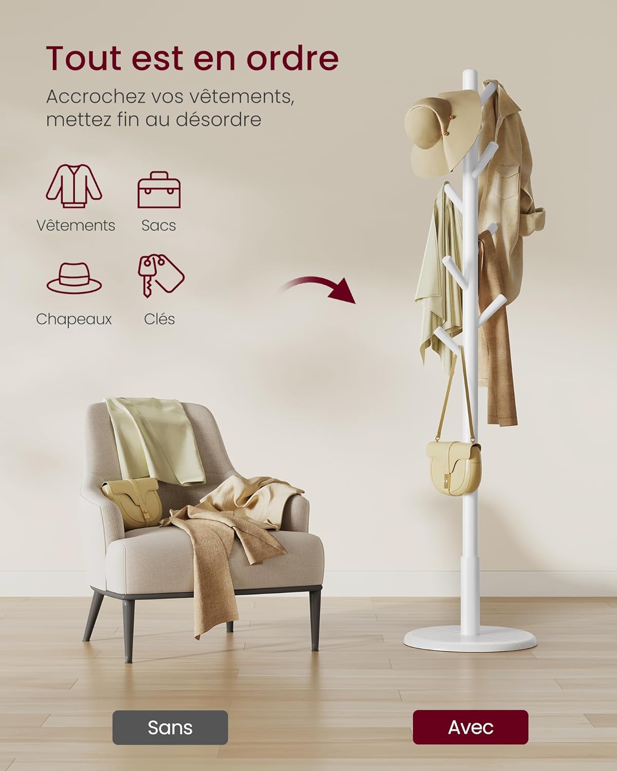 Detalle de VASAGLE Portemanteau en bois Hévéa – Portant à Vêtements sur pieds, 8 crochets, blanc nuage RCR009WH01
