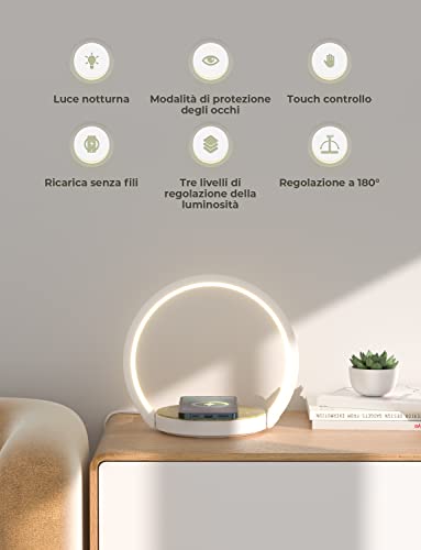 Detalle de VOSFEEL Lampada da Comodino a 3 intensità con Caricabatterie Wireless – tocco, versatilità e stile