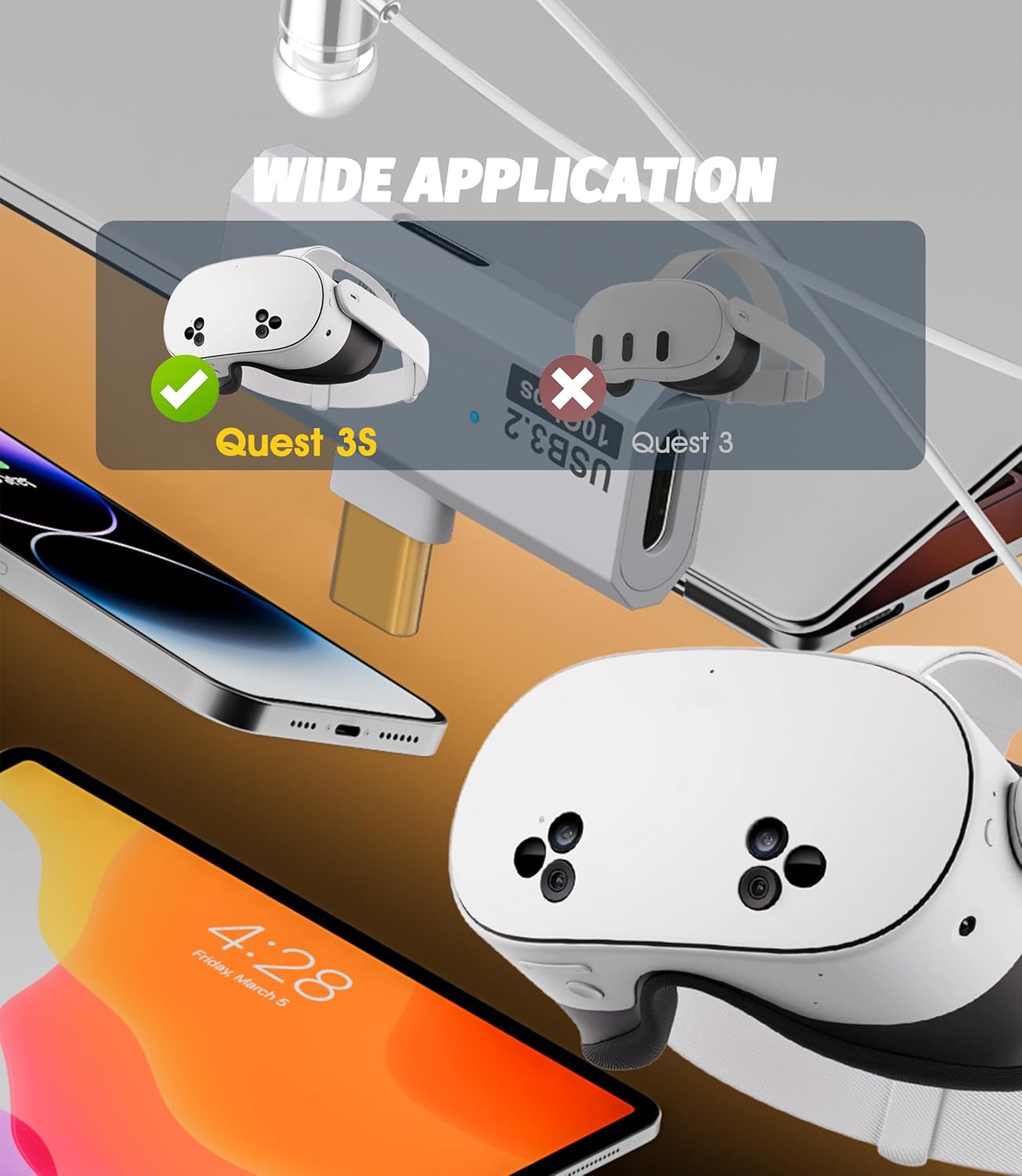 Detalle de NEWZEROL Type C Headphones for Quest 3S with PD100W Charging Adapter – White