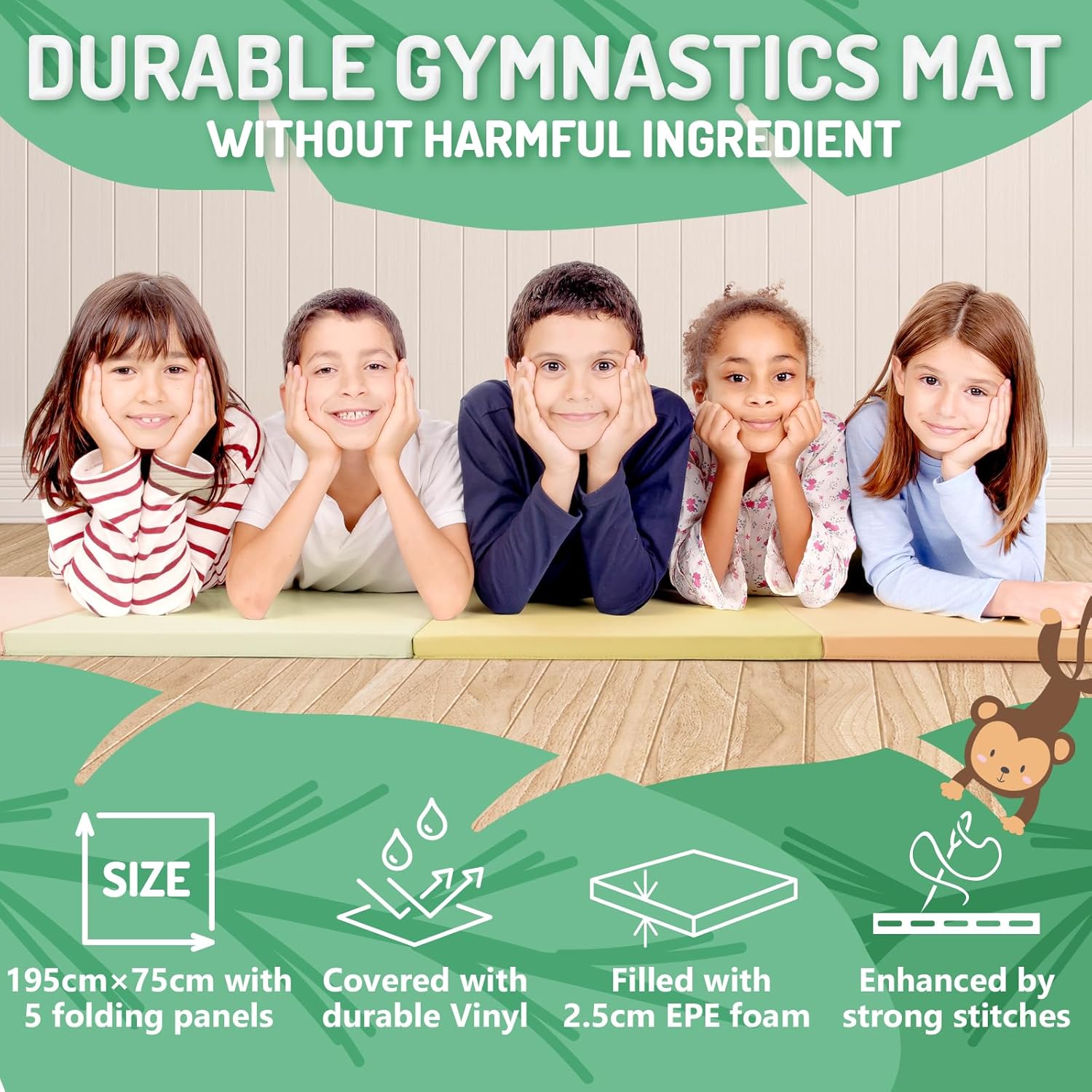 Thumbnail 1 de PhysKcal 5-Panel Folding Gymnastics Tumbling Mat (195 x 75 x 2.8cm) with Carry Handles