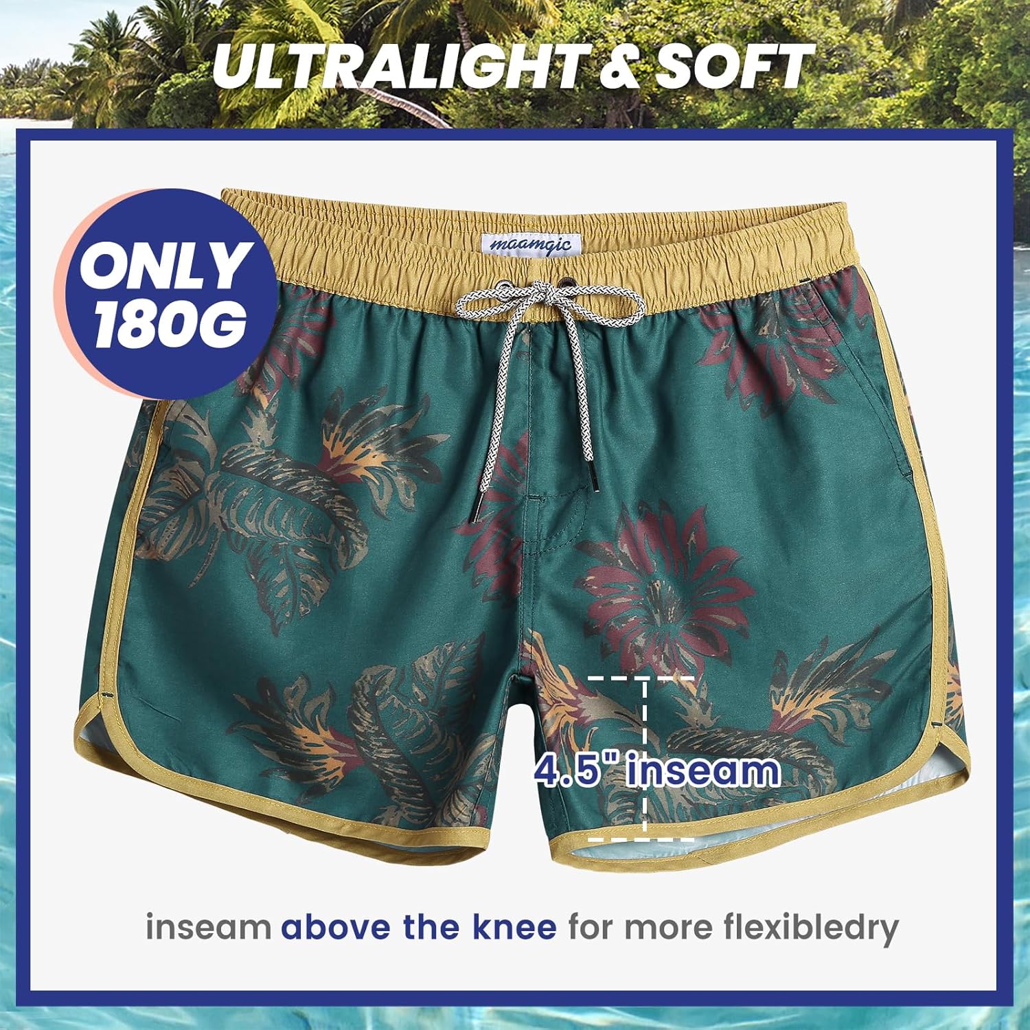 Thumbnail 5 de maamgic Mens 80s/90s Vintage Printed Swim Trunks with Mesh Lining and Quick-Dry Pockets