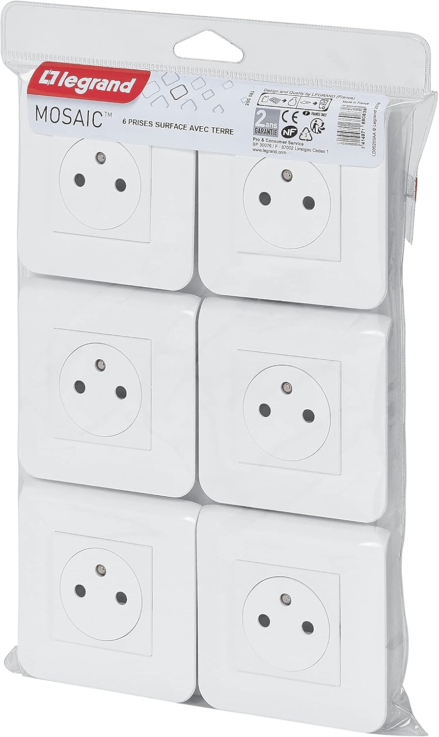 Thumbnail 1 de LEGRAND Mosaic Surface – Prise électrique murale 2P+T avec terre, plaque de finition et support, blanc – Lot de 6 (Fabriqué en France)